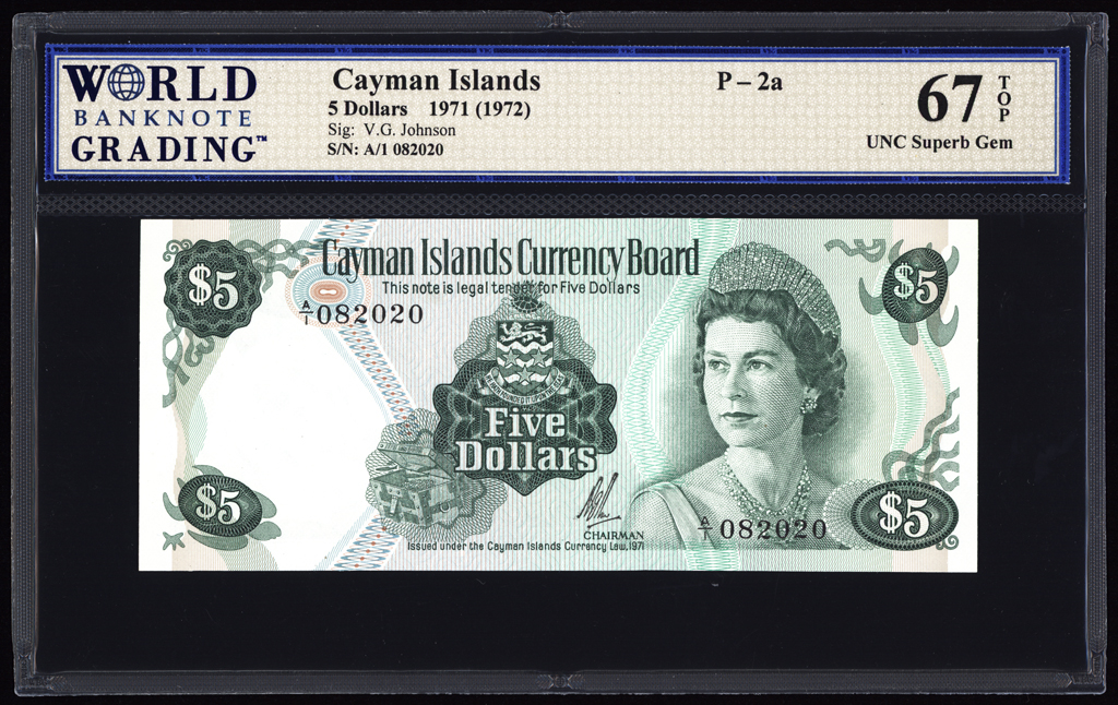 Cayman Islands 5 Dollars 1971 P2a WBG UNC Superb Gem 67 TOP