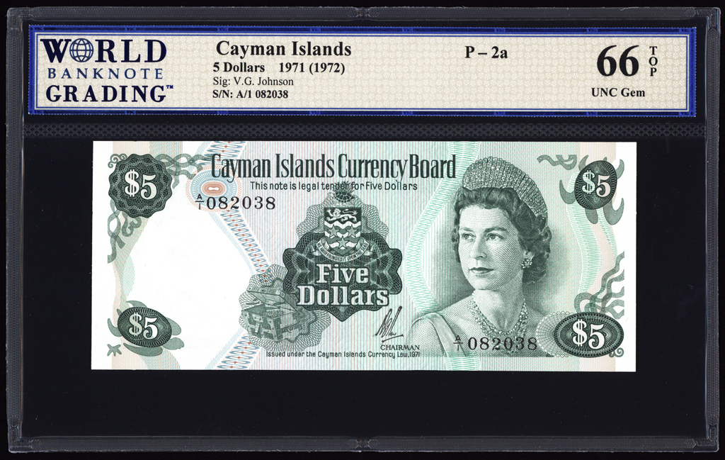 Cayman Islands 5 Dollars 1971 P2a WBG UNC Gem 66 TOP