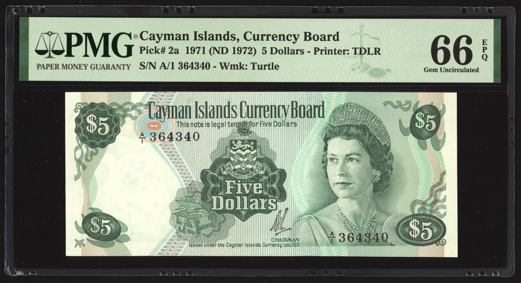 Cayman Islands 5 Dollars 1971 P2a PMG Gem Uncirculated 66 EPQ