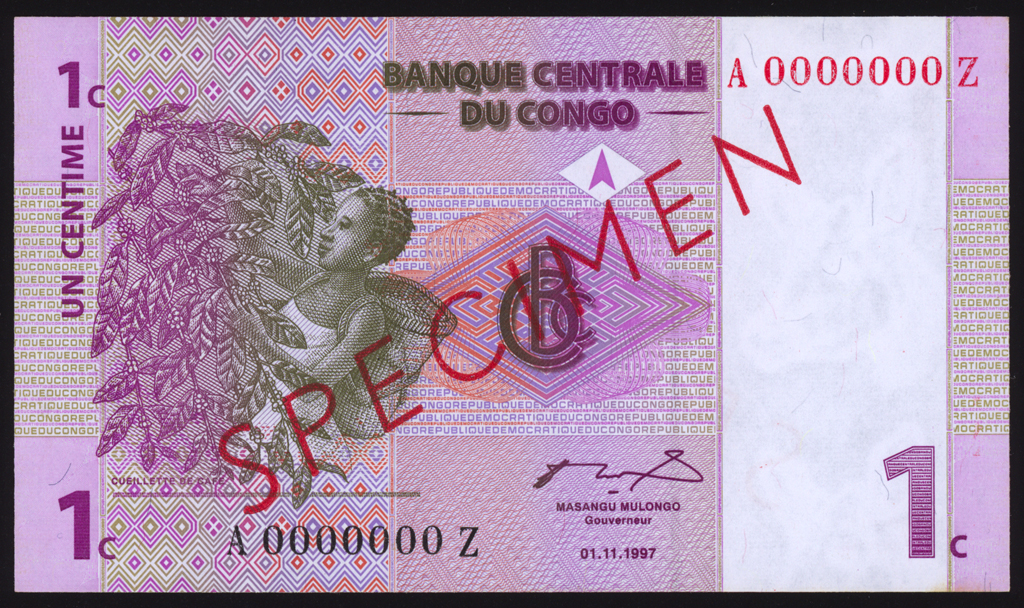 Congo Democratic Republic 1 Centime Specimen 1997 P80s Uncirculated