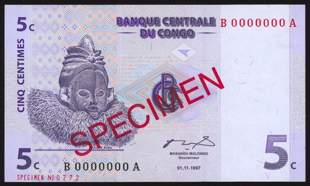 Congo Democratic Republic 5 Centimes Specimen 1997 P81s Uncirculated