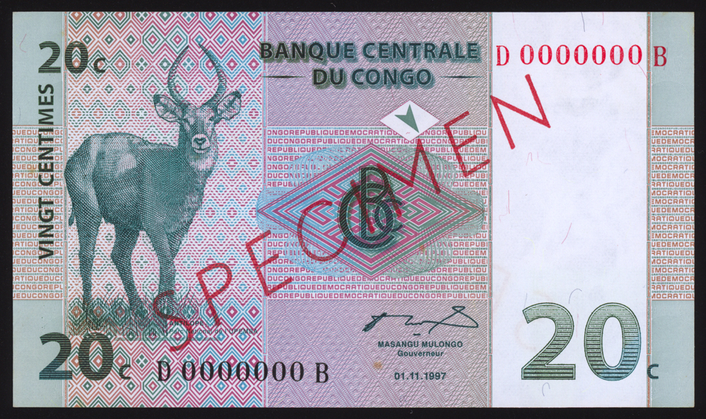 Congo Democratic Republic 20 Centimes Specimen 1997 P83s Uncirculated