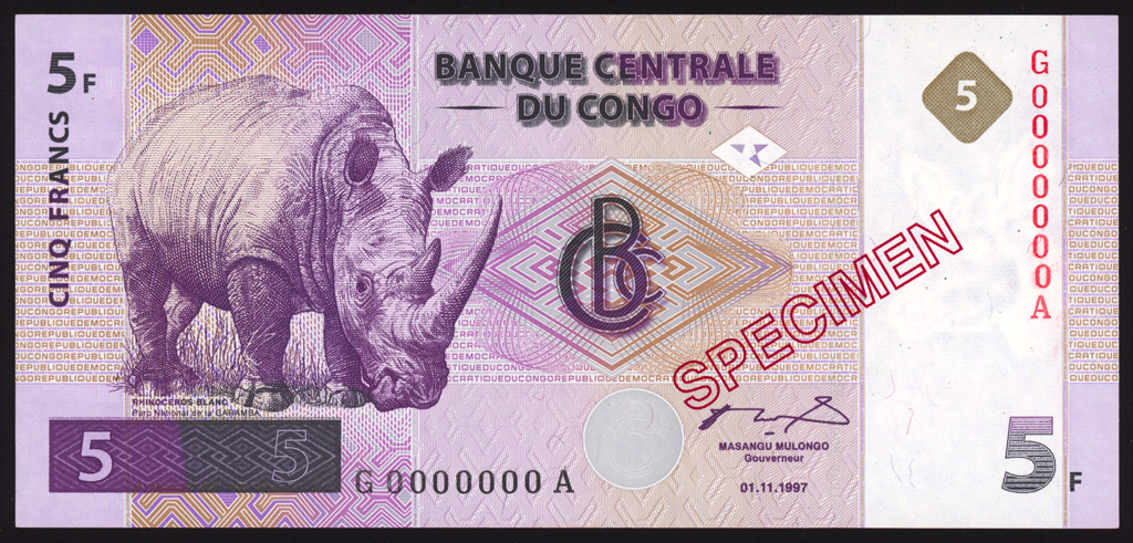 Congo Democratic Republic 5 Francs Specimen 1997 P86s Uncirculated