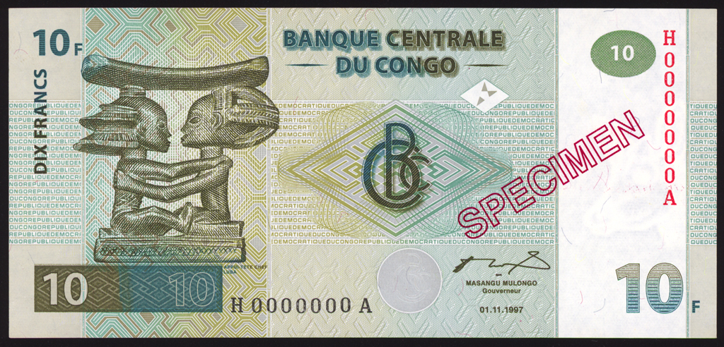 Congo Democratic Republic 10 Francs Specimen 1997 P87s Uncirculated