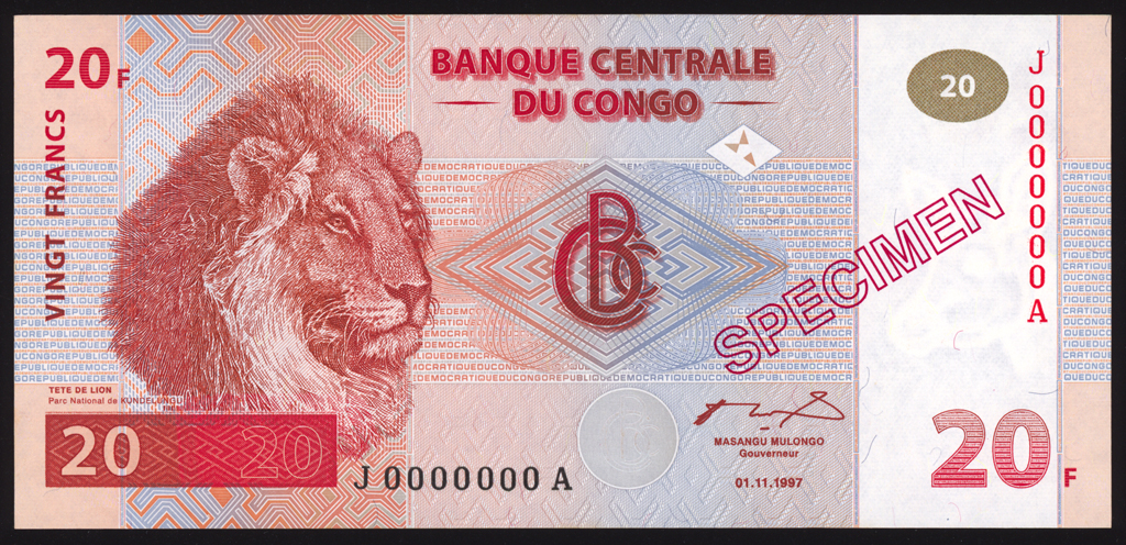 Congo Democratic Republic 20 Francs Specimen 1997 P88s Uncirculated