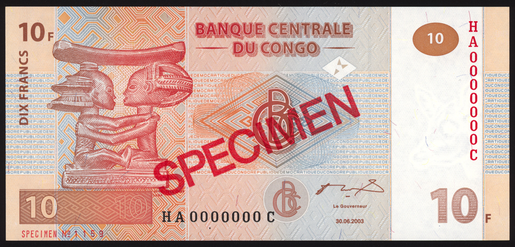 Congo Democratic Republic 10 Francs Specimen 2003 P93s Uncirculated