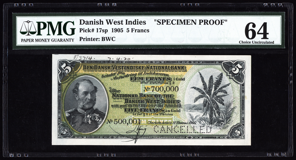 Danish West Indies 5 Francs Specimen Proof 1905 P17sp PMG Choice Unc 64 FINEST