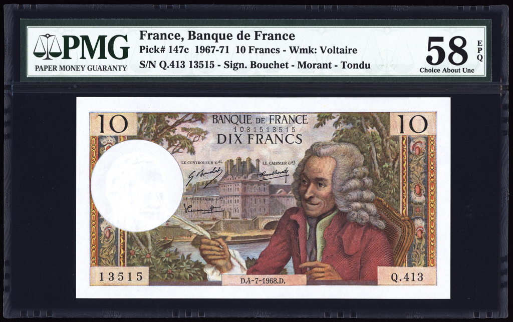 France 10 Francs 1968 P147c PMG Choice About Uncirculated 58 EPQ