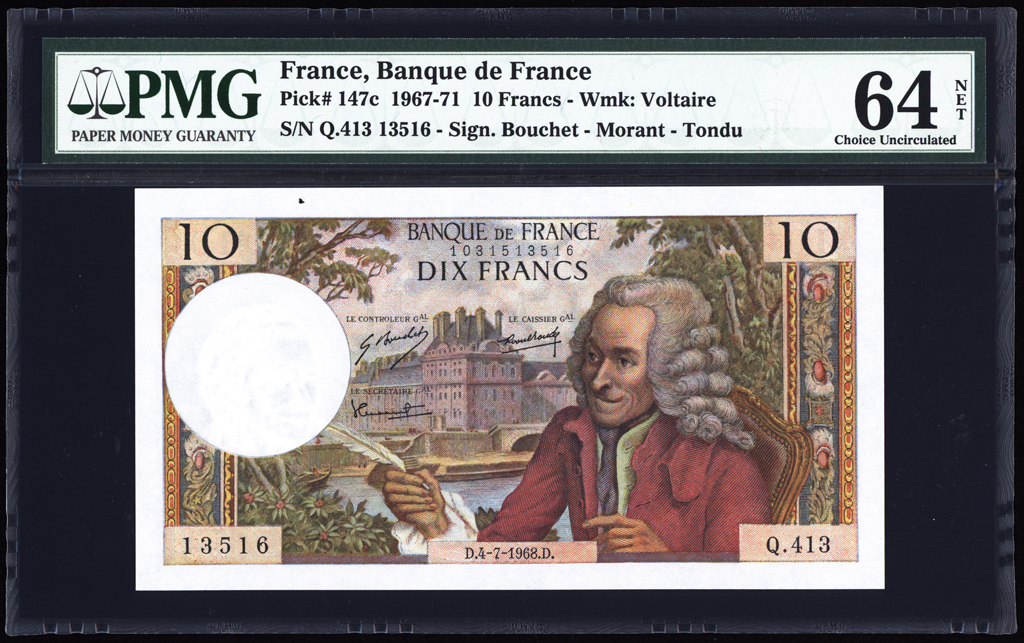 France 10 Francs 1968 P147c PMG Choice Uncirculated 64 NET