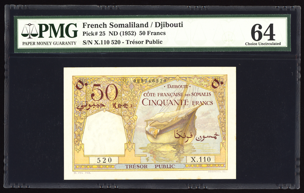 French Somaliland 50 Francs 1952 P25 PMG Choice Uncirculated 64