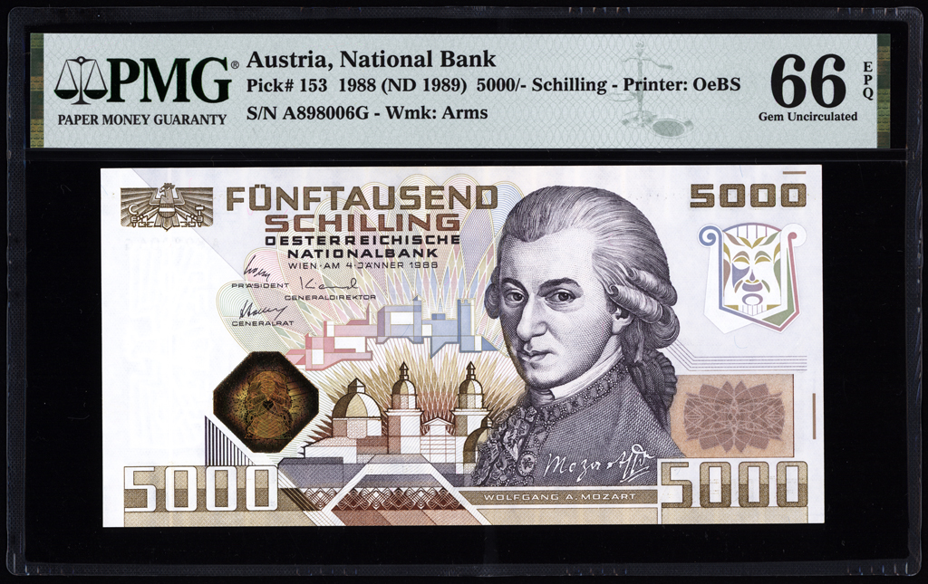 Austria 5000 Schilling 1989 P153 PMG Gem Uncirculated 66 EPQ