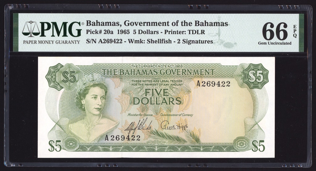 Bahamas 5 Dollars 1965 P20a PMG Gem Uncirculated 66 EPQ