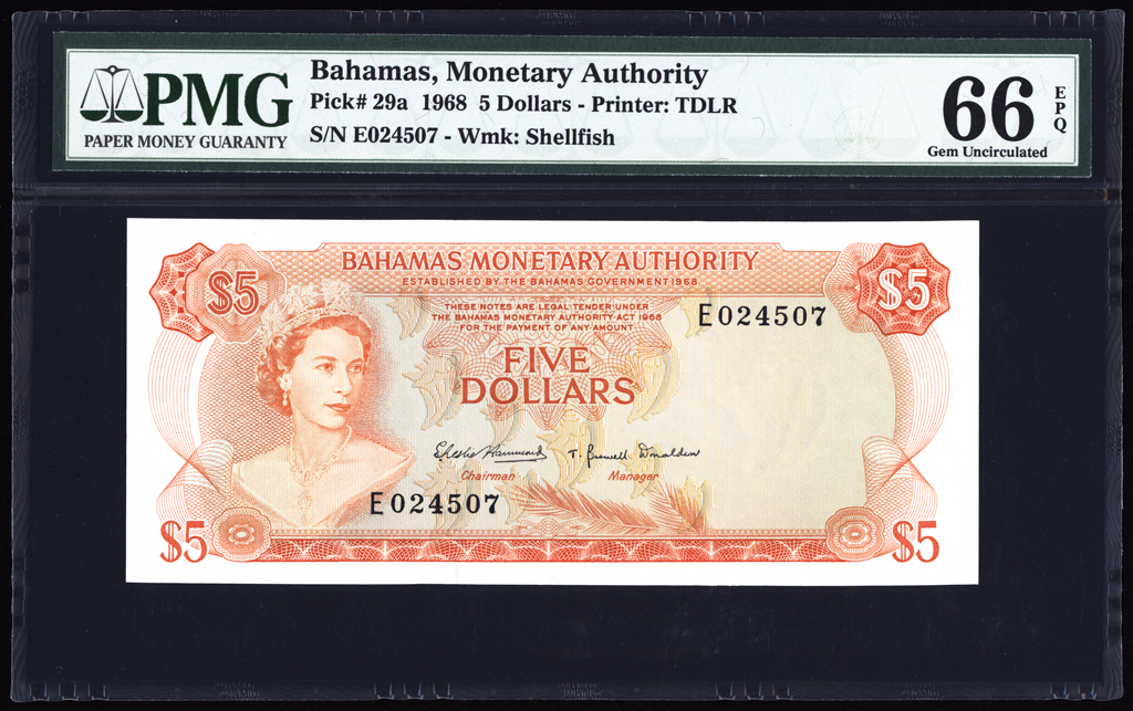 Bahamas 5 Dollars 1968 P29a PMG Gem Uncirculated 66 EPQ