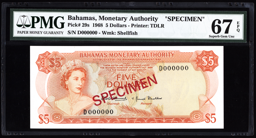 Bahamas 5 Dollars Specimen 1968 P29s PMG Superb Gem Uncirculated 67 EPQ TOP POP