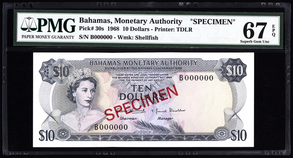 Bahamas 10 Dollars Specimen 1968 P30s PMG Superb Gem Uncirculated 67 EPQ TOP POP