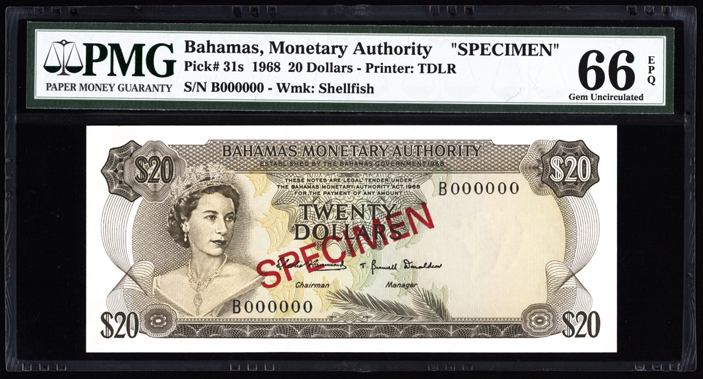 Bahamas 20 Dollars Specimen 1968 P31s PMG Gem Uncirculated 66 EPQ