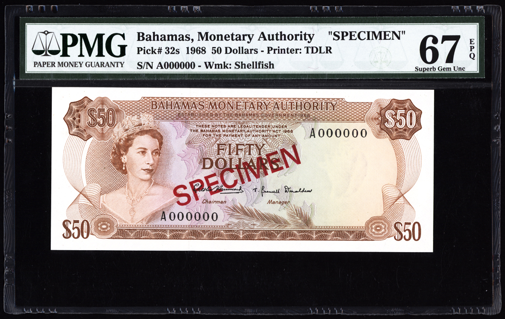 Bahamas 50 Dollars Specimen 1968 P32s PMG Superb Gem Uncirculated 67 EPQ TOP POP