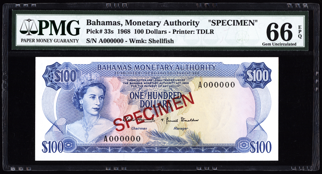 Bahamas 100 Dollars Specimen 1968 P33s PMG Gem Uncirculated 66 EPQ