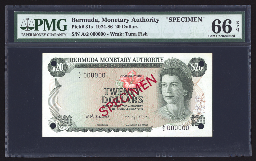 Bermuda 20 Dollars Specimen 1981 P31s PMG Gem Uncirculated 66 EPQ