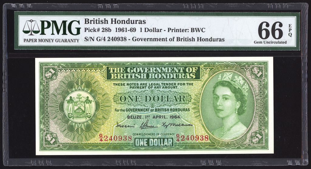 British Honduras 1 Dollar 1964 P28b PMG Gem Uncirculated 66 EPQ