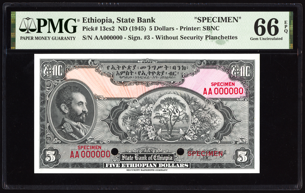 Ethiopia 5 Dollars Specimen 1945 P13cs2 PMG Gem Uncirculated 66 EPQ