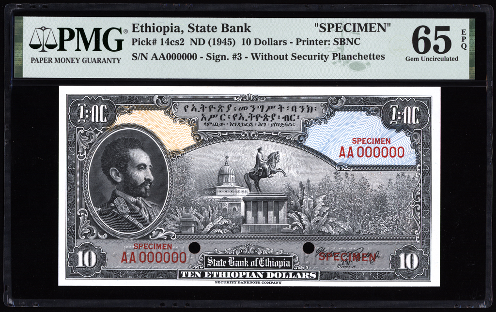 Ethiopia 10 Dollars Specimen 1945 P14cs2 PMG Gem Uncirculated 65 EPQ