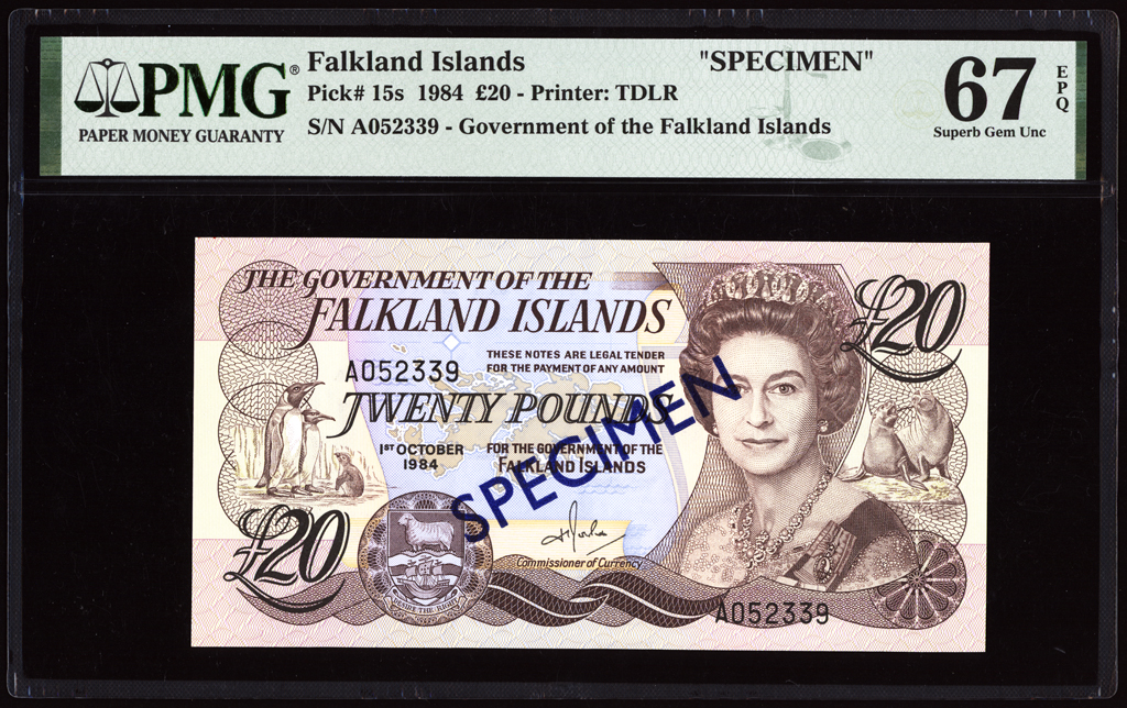 Falkland Islands 20 Pounds Specimen 1984 P15s PMG Superb Gem Uncirculated 67 EPQ