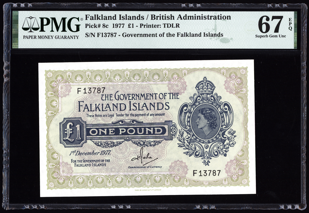 Falkland Islands 1 Pound 1977 P8c PMG Superb Gem Uncirculated 67 EPQ