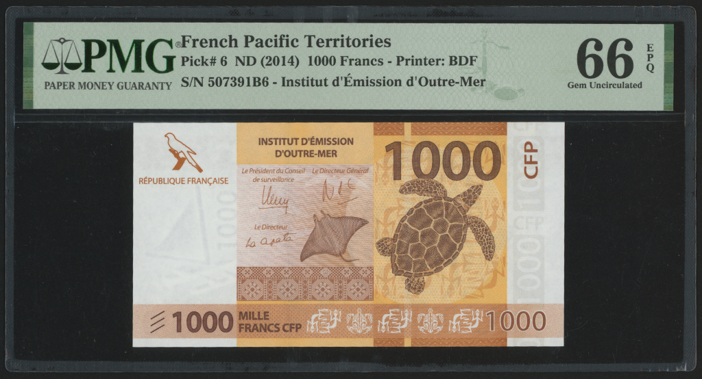 French Pacific Territories 1000 Francs 2014 P6 PMG Gem Uncirculated 66 EPQ