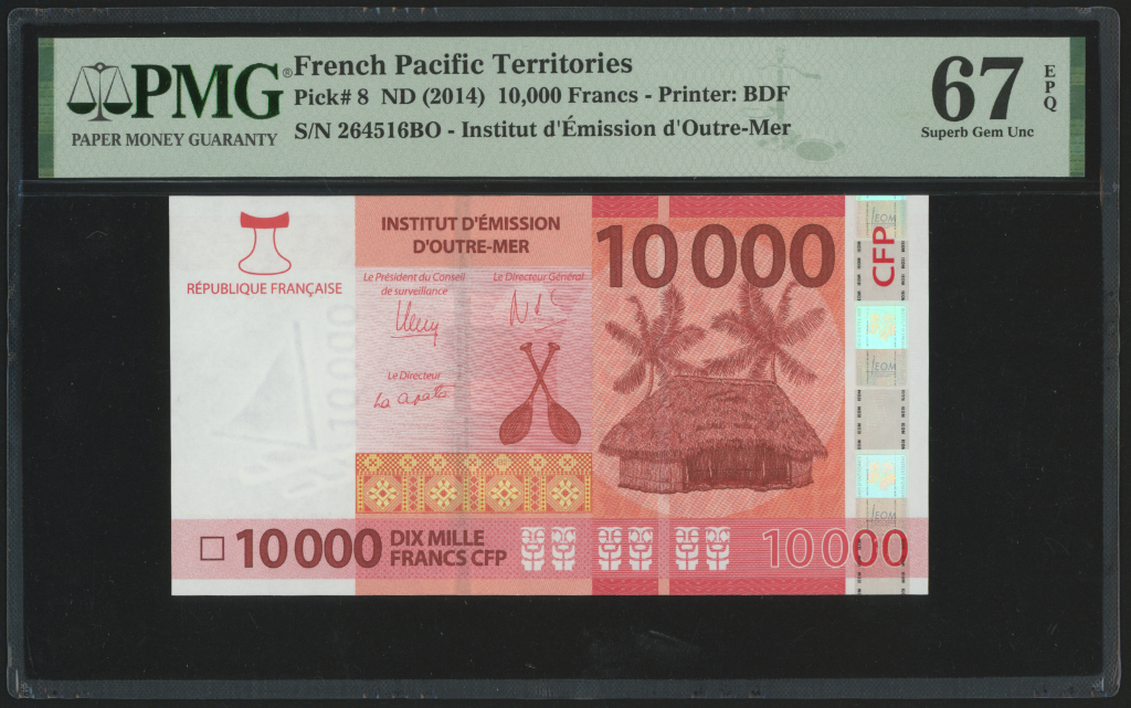 French Pacific Territories 10000 Francs 2014 P8 PMG Superb Gem Unc 67 EPQ