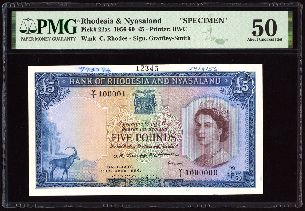 Rhodesia & Nyasaland 5 Pounds Specimen 1956 P22as PMG About Uncirculated 50