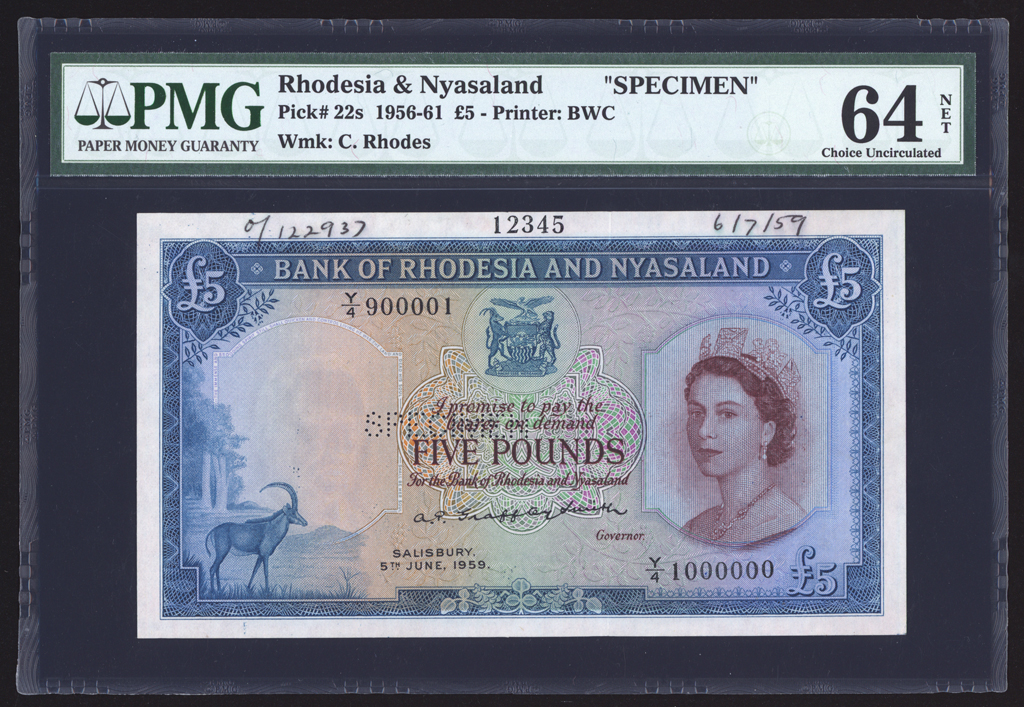 Rhodesia & Nyasaland 5 Pounds Specimen 1959 P22as PMG Choice Uncirculated 64 NET