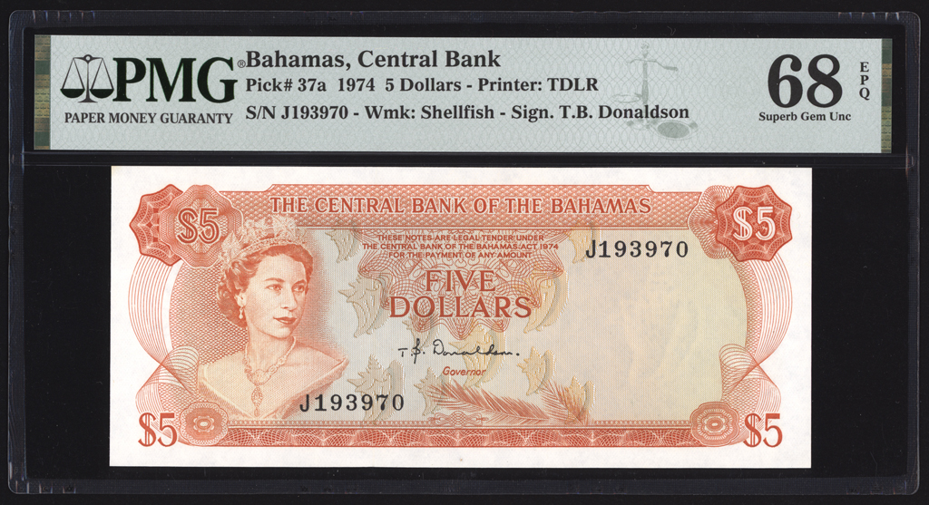 Bahamas 5 Dollars 1974 P37a PMG Superb Gem Uncirculated 68 EPQ FINEST