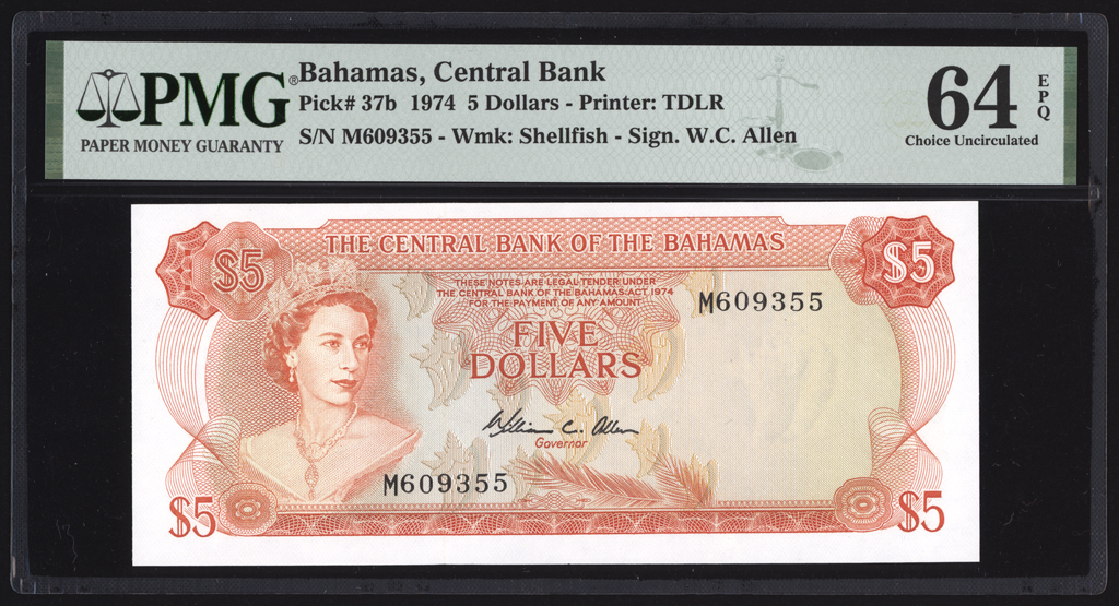 Bahamas 5 Dollars 1974 P37b PMG Choice Uncirculated 64 EPQ