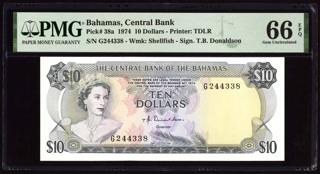 Bahamas 10 Dollars 1974 P38a PMG Gem Uncirculated 66 EPQ