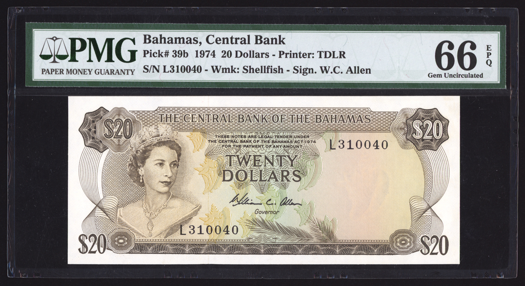 Bahamas 20 Dollars 1974 P39b PMG Gem Uncirculated 66 EPQ TOP POP