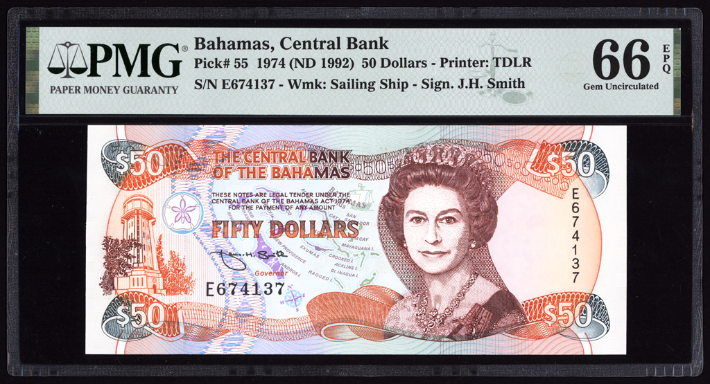 Bahamas 50 Dollars 1992 P55 PMG Gem Uncirculated 66 EPQ