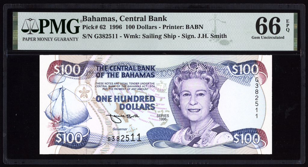 Bahamas 100 Dollars 1996 P62 PMG Gem Uncirculated 66 EPQ TOP POP