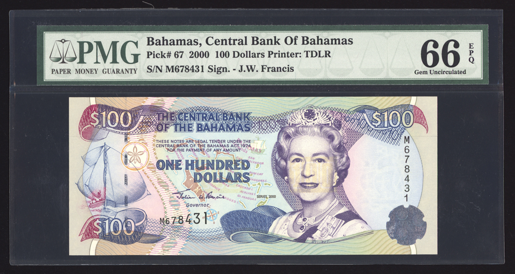 Bahamas 100 Dollars 2000 P67 PMG Gem Uncirculated 66 EPQ