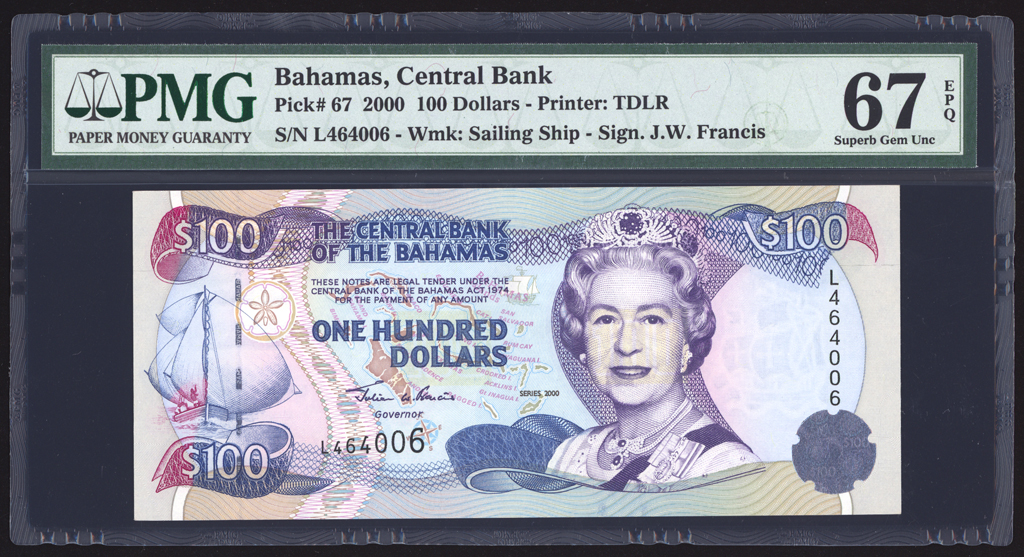 Bahamas 100 Dollars 2000 P67 PMG Superb Gem Uncirculated 67 EPQ