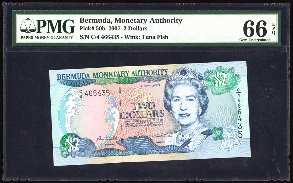 Bermuda 2 Dollars 2007 P50b PMG Gem Uncirculated 66 EPQ TOP POP