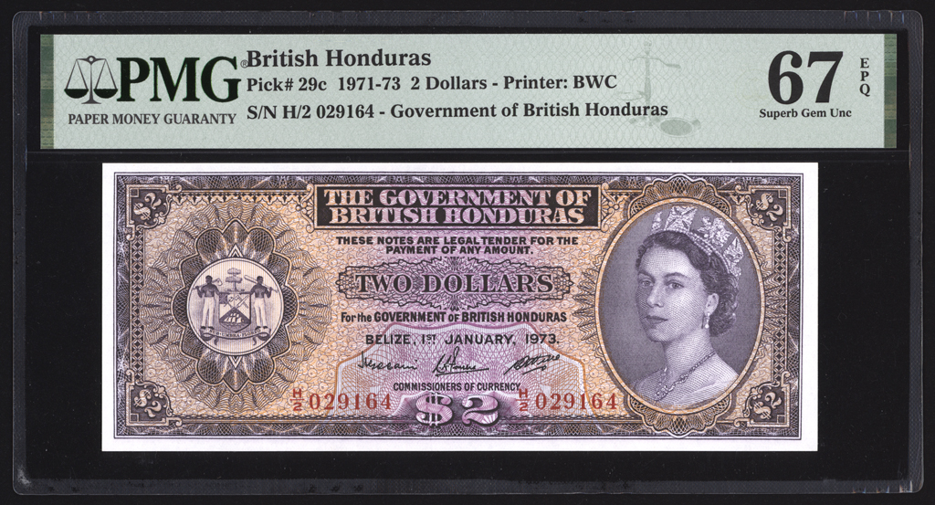 British Honduras 2 Dollars 1973 P29c PMG Superb Gem Uncirculated 67 EPQ