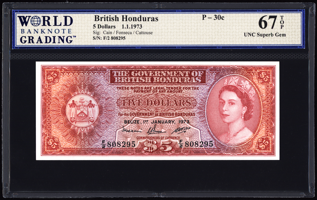 British Honduras 5 Dollars 1973 P30c WBG Uncirculated Superb Gem 67 TOP