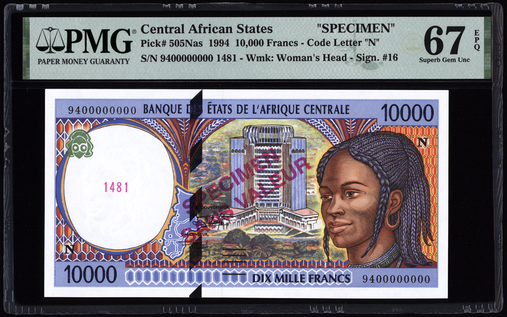 Central African States 10000 Francs Specimen 1994 P505Nas PMG Superb Gem Unc 67 EPQ