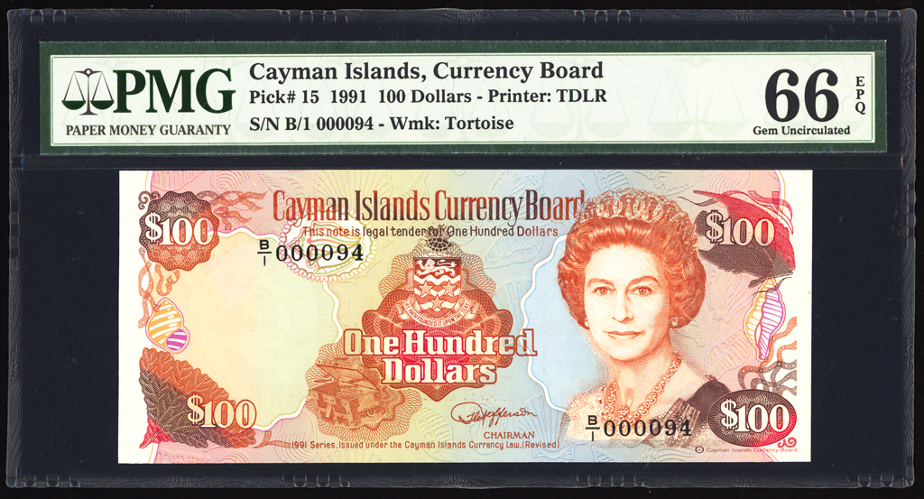 Cayman Islands $100 1991 P15 PMG Gem Uncirculated 66 EPQ LOW SERIAL #94