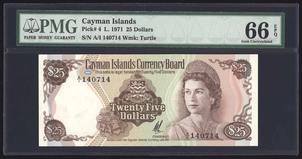 Cayman Islands 25 Dollars 1971 P4 PMG Gem Uncirculated 66 EPQ