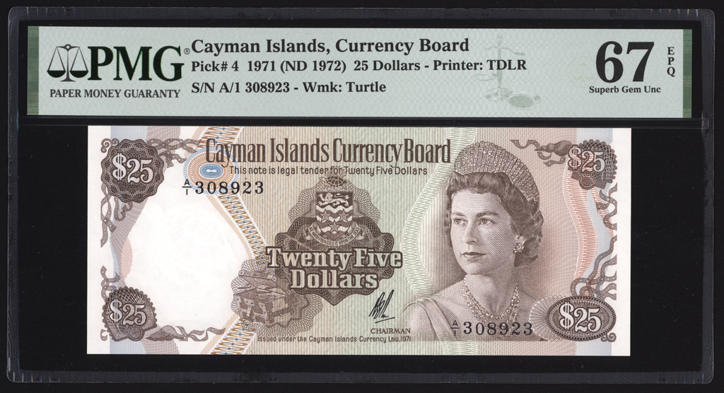 Cayman Islands 25 Dollars 1971 P4 PMG Gem Superb Uncirculated 67 EPQ