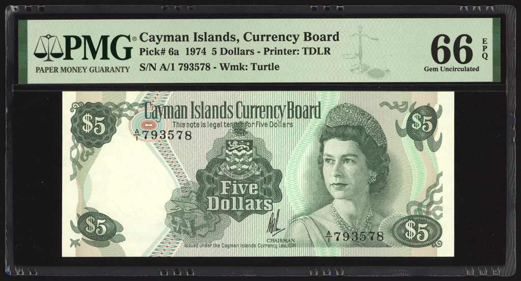 Cayman Islands 5 Dollars 1974 P6 PMG Gem Uncirculated 66 EPQ