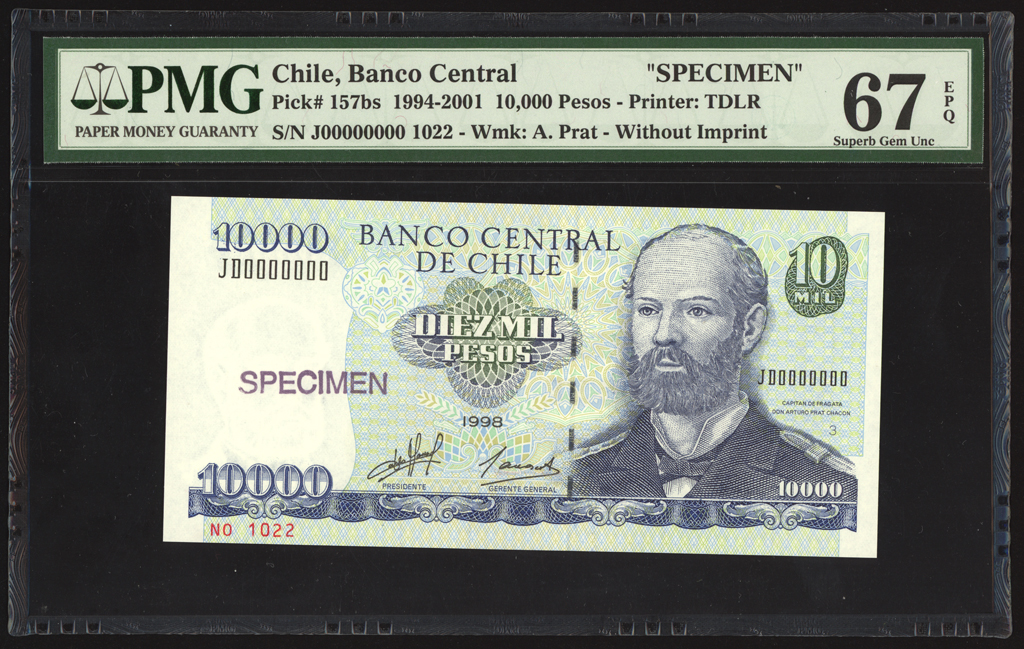 Chile 10000 Pesos Specimen 1998 P157bs PMG Superb Gem Unc 67 EPQ FINEST