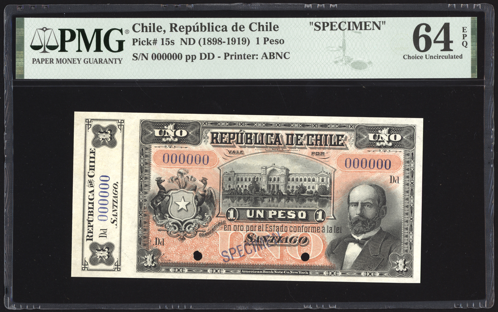 Chile 1 Peso Specimen 1898-1919 P15s PMG Choice Uncirculated 64 EPQ